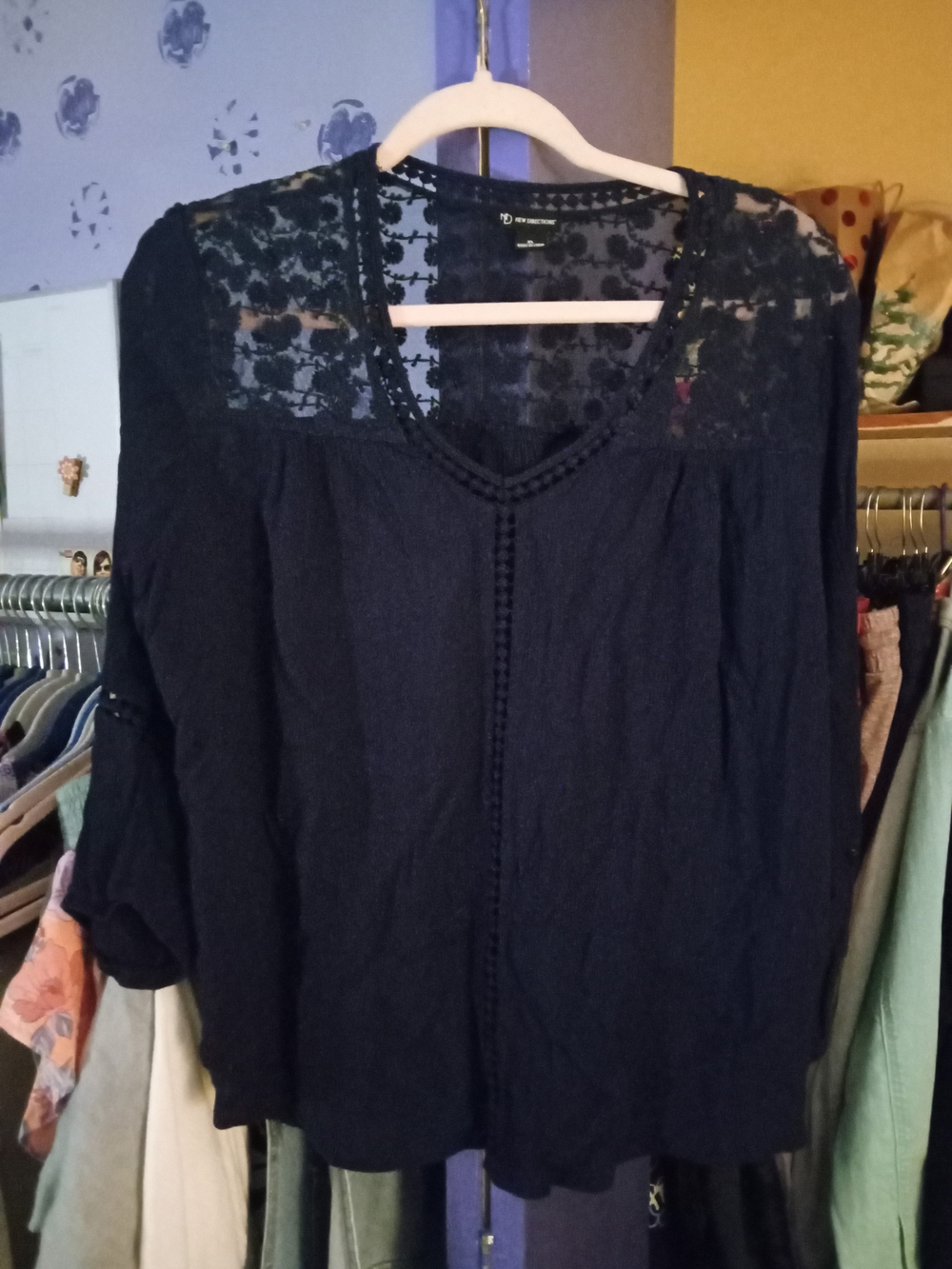 New Directions Navy Lace Yoke V-Neck Blouse
